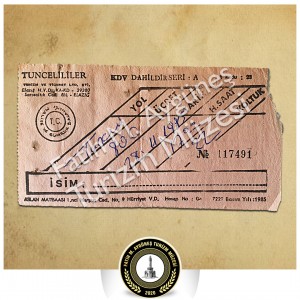 1985 yilina ait Tunceliler Otobus Isletmesi otobus bileti